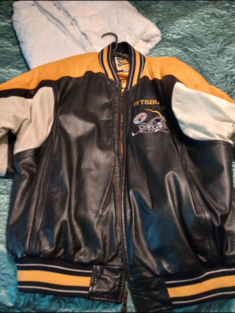 Classic Black and Gold Leather Varsity Jacket with White Accents Steelers.